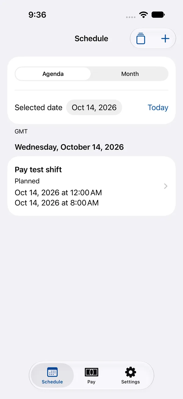 Wagendar development app showing a planned example shift in the agenda.