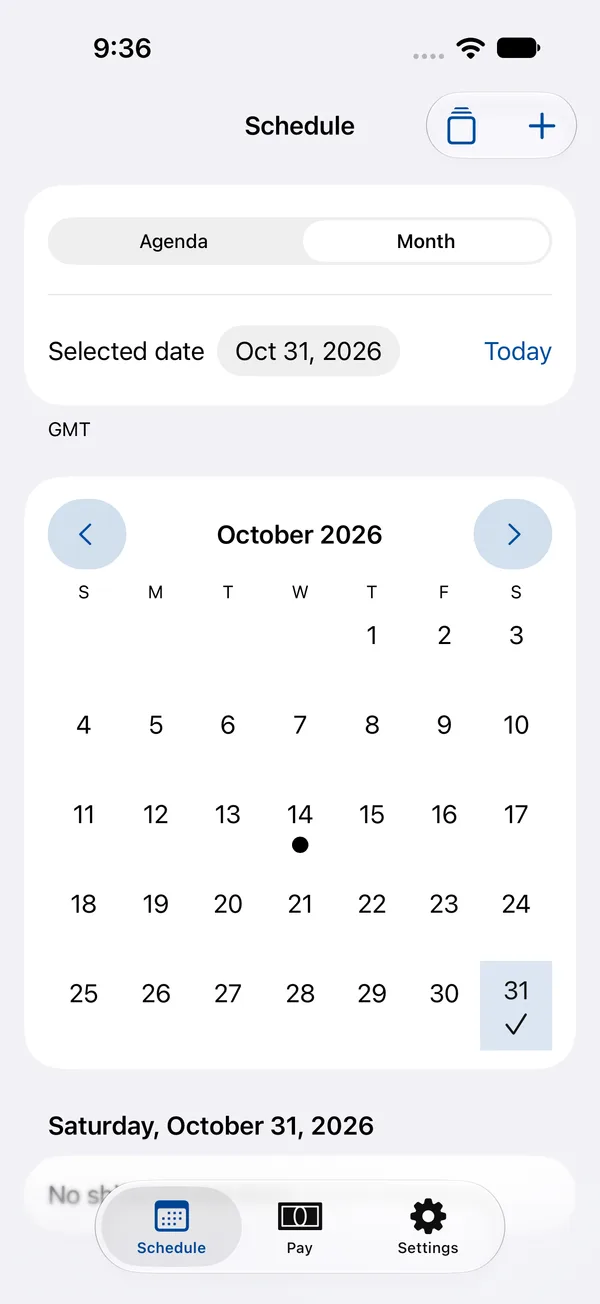 Wagendar development app showing its month calendar and a selected date.