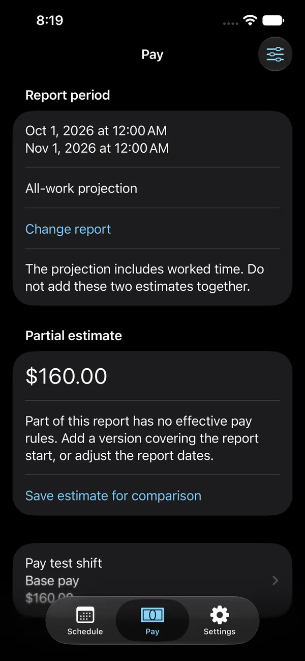 Wagendar development app showing a partial pay estimate and an explanation of missing policy coverage.